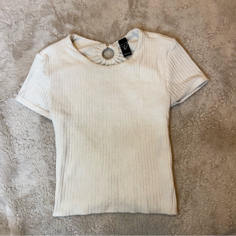 Windsor Cream Knit Open Back Short Sleeve Crop Top | Size XS